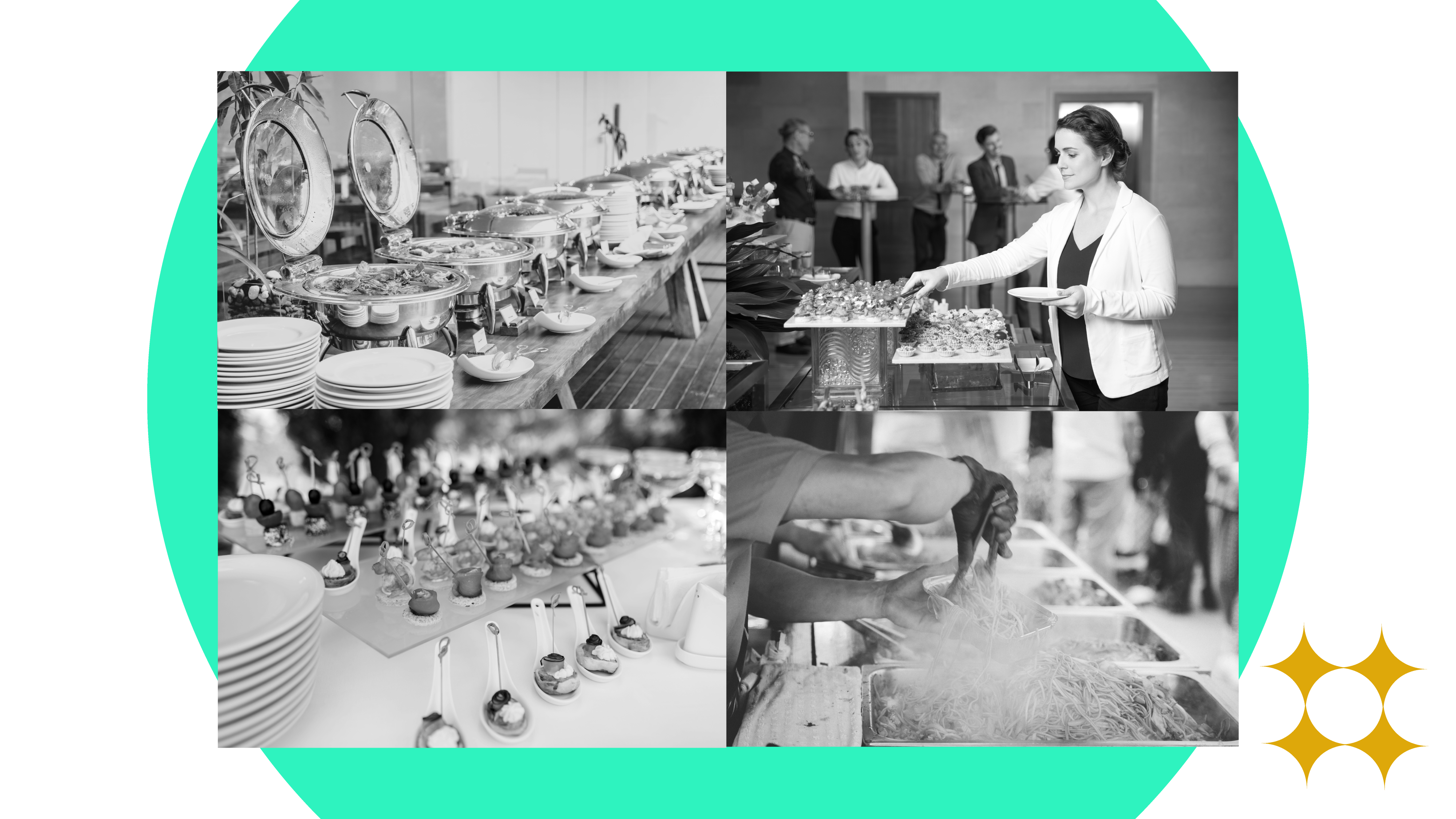 Various catering niches, including a buffet, business lunch, event catering and street food